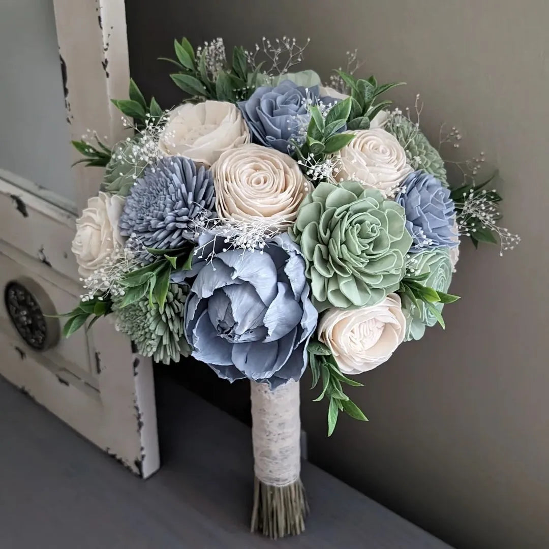 Dusty Blue Sage and Ivory Bouquet with Baby s Breath and Greenery