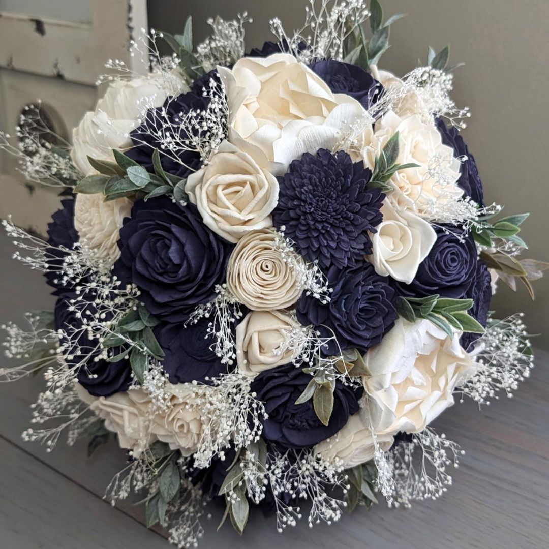 Navy and Ivory Bouquet with Baby's Breath and Greenery – Secondhand Stardust, image size:1080x1080