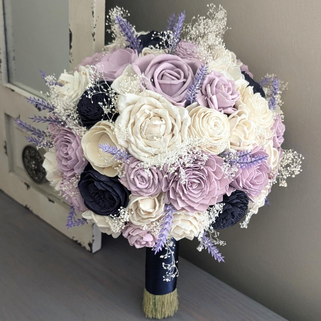 Lilac and Ivory with Navy Accents Bouquet with Lavender and Baby's