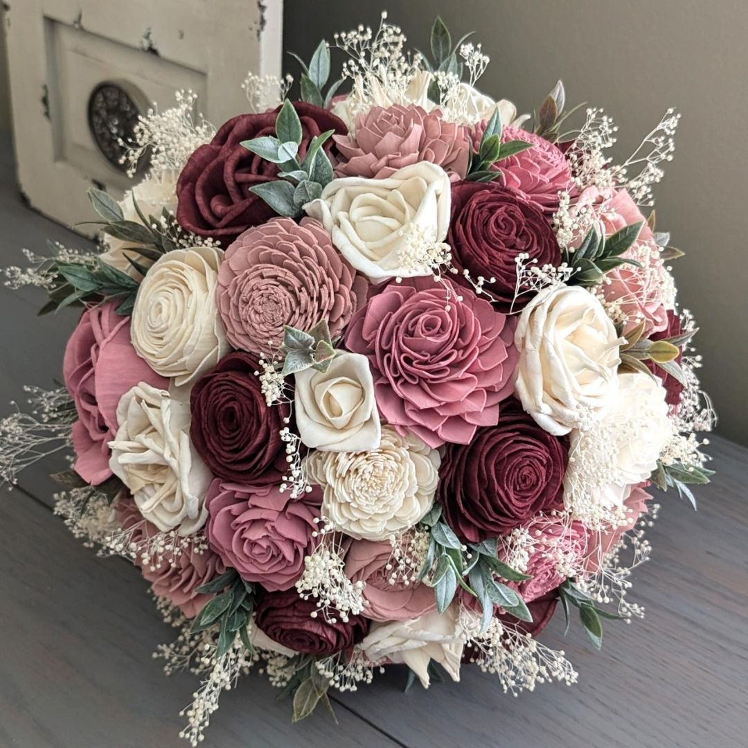 Burgundy, Pinkish Mauve, Dusty Rose, and Ivory Bouquet with Baby's