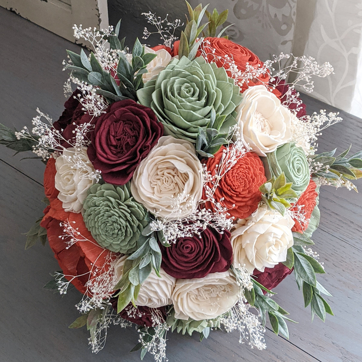 Sage, Burnt Orange, Burgundy, and Ivory Bouquet with Baby's Breath and  Greenery