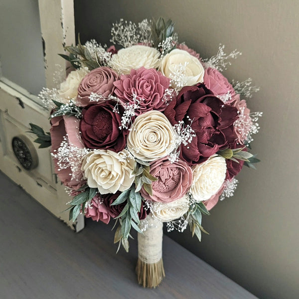 Burgundy, Pinkish Mauve, Dusty Rose, and Ivory Bouquet with Baby's Breath and Greenery