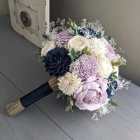 Lilac and Ivory with Navy Accents Bouquet with Baby's Breath and Greenery