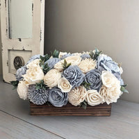 Dusty Blue and Ivory Flowers with Ruscus Greenery - Walnut Centerpiece Flower Box