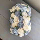 Dusty Blue and Ivory Flowers with Ruscus Greenery - Walnut Centerpiece Flower Box