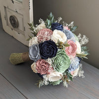 Dusty Blue, Sage, Dusty Rose, Navy, and Ivory Bouquet with Baby's Breath and Greenery