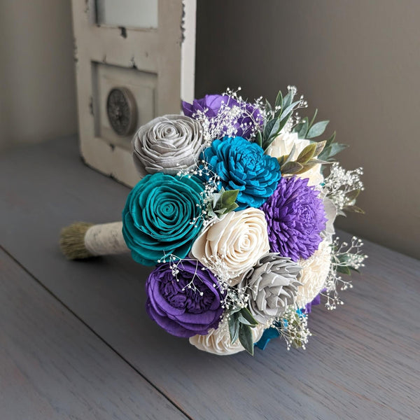 Purple, Light Gray, Turquoise, Blue Teal, and Ivory Bouquet with Baby's Breath and Greenery