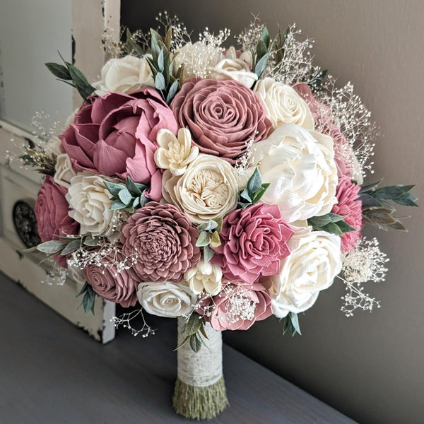 Pinkish Mauve, Dusty Rose, and Ivory Bouquet with Baby's Breath and Greenery
