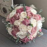 Pinkish Mauve, Dusty Rose, and Ivory Bouquet with Baby's Breath and Greenery