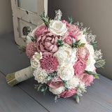 Pinkish Mauve, Dusty Rose, and Ivory Bouquet with Baby's Breath and Greenery