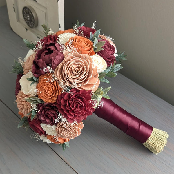 Burgundy, Wine, Terra Cotta, Rose Gold, and Ivory Bouquet with Baby's Breath and Greenery