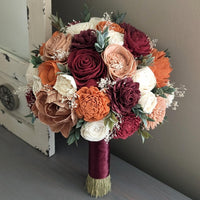 Burgundy, Wine, Terra Cotta, Rose Gold, and Ivory Bouquet with Baby's Breath and Greenery