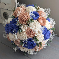 Royal Blue, Rose Gold, and Ivory Bouquet with Baby's Breath and Greenery