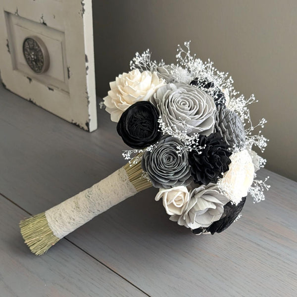 Black, Charcoal, Light Gray, and Ivory Bouquet with Baby's Breath