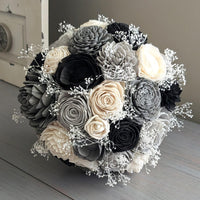 Black, Charcoal, Light Gray, and Ivory Bouquet with Baby's Breath