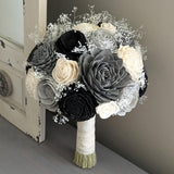 Black, Charcoal, Light Gray, and Ivory Bouquet with Baby's Breath