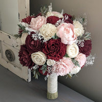Burgundy, Wine, Blush, and Ivory Bouquet with Baby's Breath and Greenery