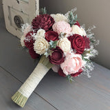Burgundy, Wine, Blush, and Ivory Bouquet with Baby's Breath and Greenery
