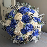 Royal Blue and Ivory Bouquet with Berries, Baby's Breath, and Greenery