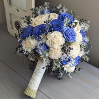 Royal Blue and Ivory Bouquet with Berries, Baby's Breath, and Greenery