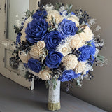 Royal Blue and Ivory Bouquet with Berries, Baby's Breath, and Greenery