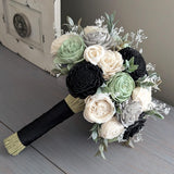 Sage, Black, Light Gray, and Ivory Bouquet with Baby's Breath and Greenery