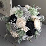 Sage, Black, Light Gray, and Ivory Bouquet with Baby's Breath and Greenery