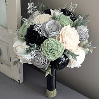 Sage, Black, Light Gray, and Ivory Bouquet with Baby's Breath and Greenery