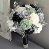 Sage, Black, Light Gray, and Ivory Bouquet with Baby's Breath and Greenery