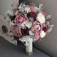 Burgundy, Pinkish Mauve, Dusty Rose, and Ivory Bouquet with Baby's Breath and Greenery