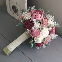 Burgundy, Pinkish Mauve, Dusty Rose, and Ivory Bouquet with Baby's Breath and Greenery