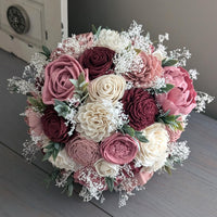 Burgundy, Pinkish Mauve, Dusty Rose, and Ivory Bouquet with Baby's Breath and Greenery