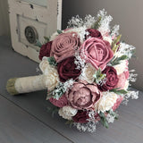 Burgundy, Pinkish Mauve, Dusty Rose, and Ivory Bouquet with Baby's Breath and Greenery