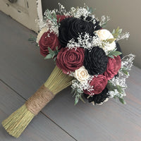 Burgundy and Black with Ivory Accents Bouquet with Baby's Breath and Greenery