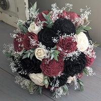 Burgundy and Black with Ivory Accents Bouquet with Baby's Breath and Greenery