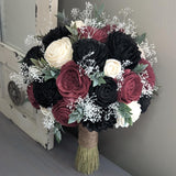 Burgundy and Black with Ivory Accents Bouquet with Baby's Breath and Greenery