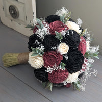 Burgundy and Black with Ivory Accents Bouquet with Baby's Breath and Greenery