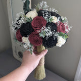 Burgundy and Black with Ivory Accents Bouquet with Baby's Breath and Greenery