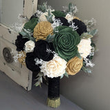 Ready to Ship - Black, Dark Green, Dark Gold, and Ivory Bouquet with Baby's Breath and Greenery