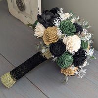 Ready to Ship - Black, Dark Green, Dark Gold, and Ivory Bouquet with Baby's Breath and Greenery