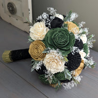 Ready to Ship - Black, Dark Green, Dark Gold, and Ivory Bouquet with Baby's Breath and Greenery