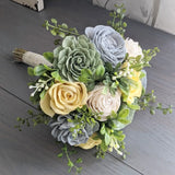 Dusty Blue, Light Yellow, Sage, and Ivory Bouquet with Mixed Greenery