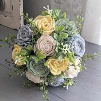 Dusty Blue, Light Yellow, Sage, and Ivory Bouquet with Mixed Greenery