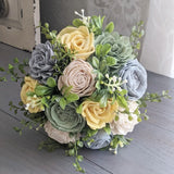 Dusty Blue, Light Yellow, Sage, and Ivory Bouquet with Mixed Greenery