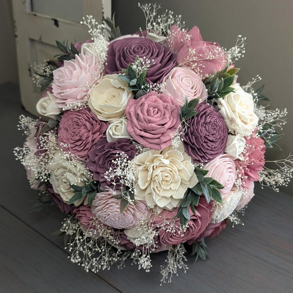 Mauve, Pinkish Mauve, Blush, and Ivory Bouquet with Baby's Breath and Greenery