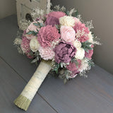 Mauve, Pinkish Mauve, Blush, and Ivory Bouquet with Baby's Breath and Greenery