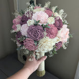 Mauve, Pinkish Mauve, Blush, and Ivory Bouquet with Baby's Breath and Greenery