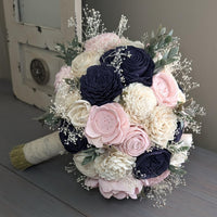 Navy, Blush, and Ivory Bouquet with Baby's Breath and Greenery