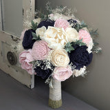 Navy, Blush, and Ivory Bouquet with Baby's Breath and Greenery