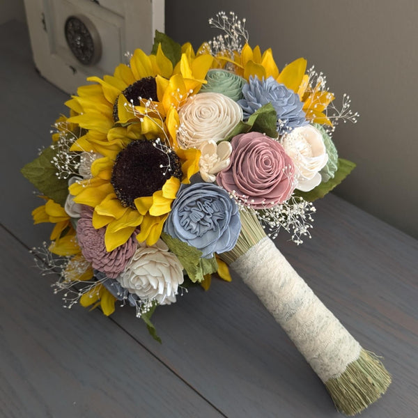 Sunflowers with Dusty Blue, Sage, Dusty Rose, and Ivory Bouquet with Baby's Breath and Greenery